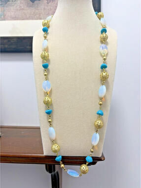 Aqua Turquoise Blue & Moon Glass Gold Tone Filigree Beaded Necklace George